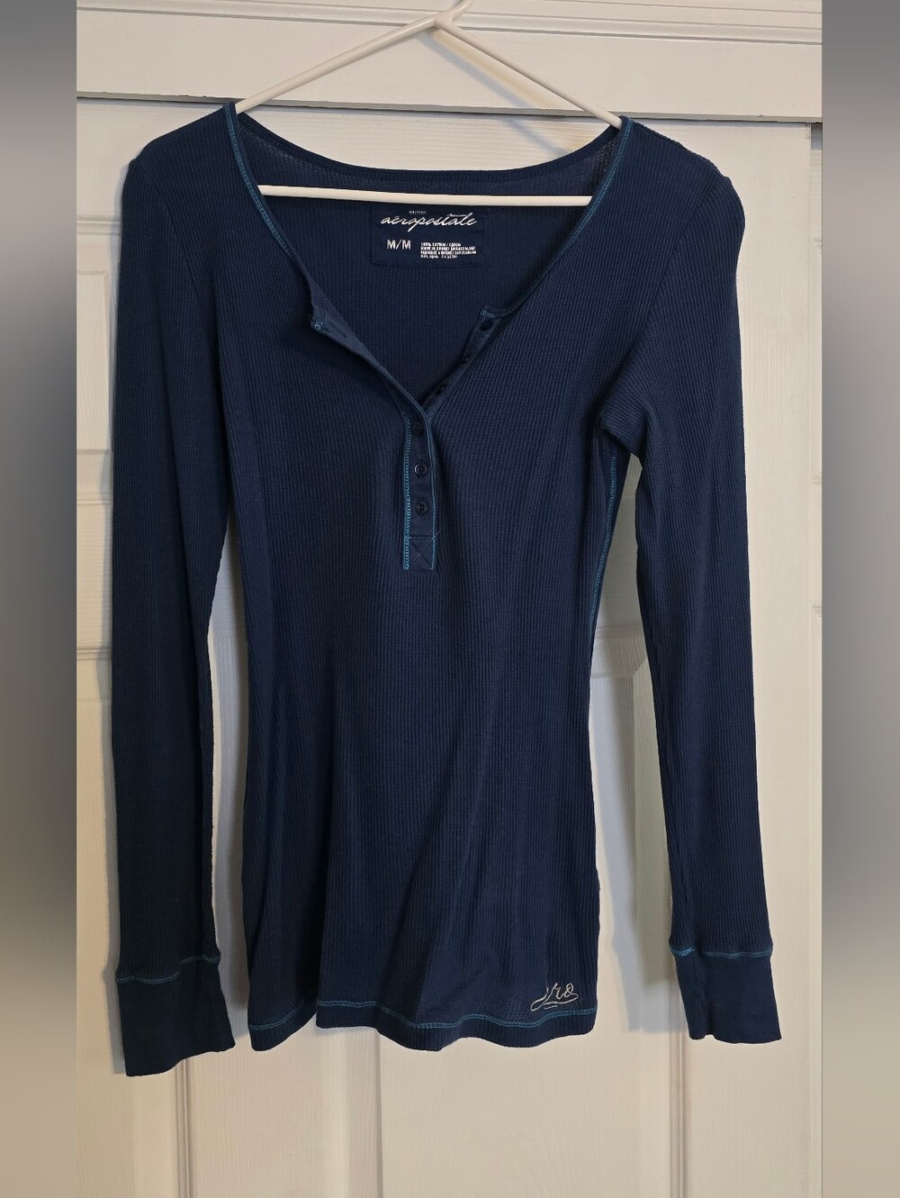 Aeropostale Navy Ribbed Henley Long Sleeve Top with Contrast Trim